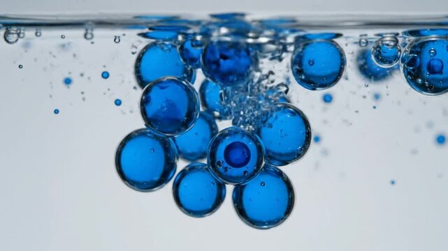 Mesmerizing close-up shot of blue liquid spheres suspended in clear water, artistic science concept
