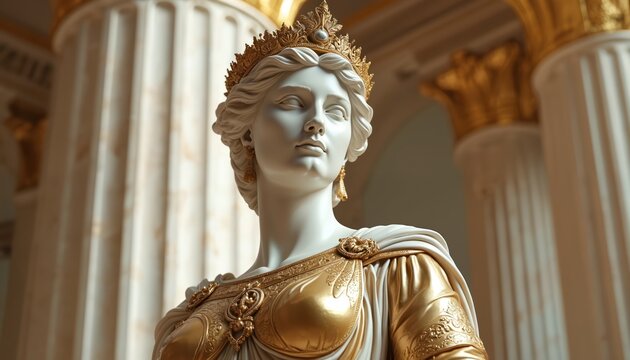 Marble statue of Greek goddess Hera with gold crown and ornate dress stands in ancient building. White sculpture represents Hera queen, wife of Zeus, divine deity.