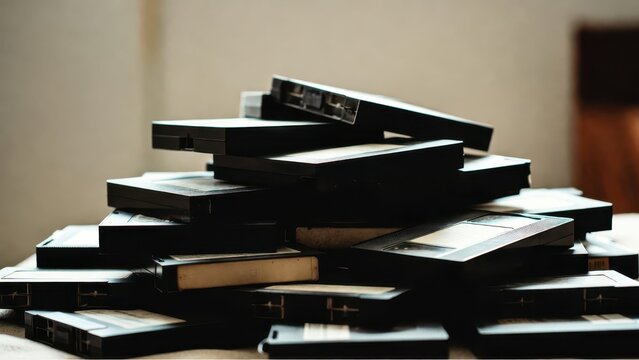 Vintage VHS Tapes Stacked on Table in a Soft Indoor Lighting