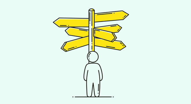 Person standing under multiple direction signs.