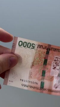 Vertical video close up. 60 fps. Male hands checking watermark on 5000 dram bill. Cash money of Armenia with pomegranate and portrait of writer William Saroyan. Salary, pay tax, debt, loan. Bank note