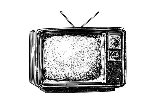 Classic vintage television set with antenna and woodcut engraving style details