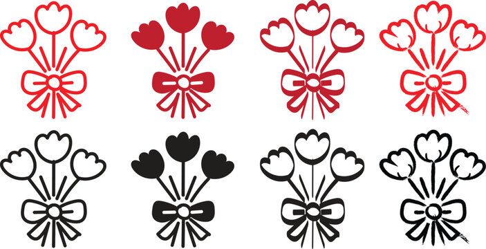  Floral bouquet icon set with tulips and ribbon in solid. Hand Drawn Tulip Flower Bouquet Silhouette Set for Minimalist Floral Logo Design
