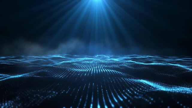 Cinematic AI data wave motion with glowing particles and depth