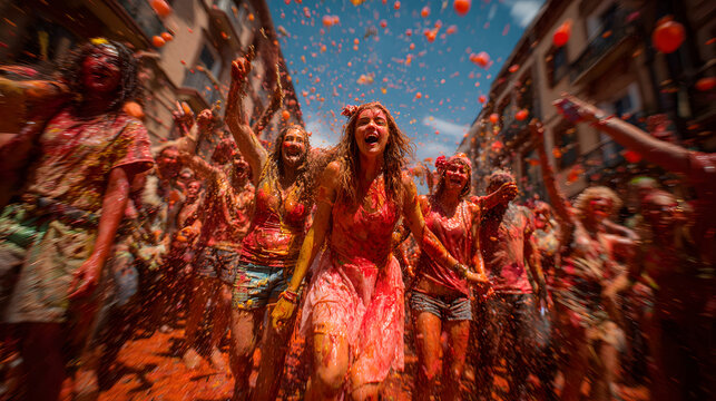 The La Tomatina Festival in Bu<unk> ol, Spain is an energetic celebration with joyful participants amidst the tomato battle.