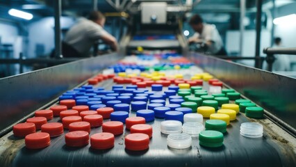 Obraz premium Colorful Plastic Caps on Conveyor Belt in Factory Environment