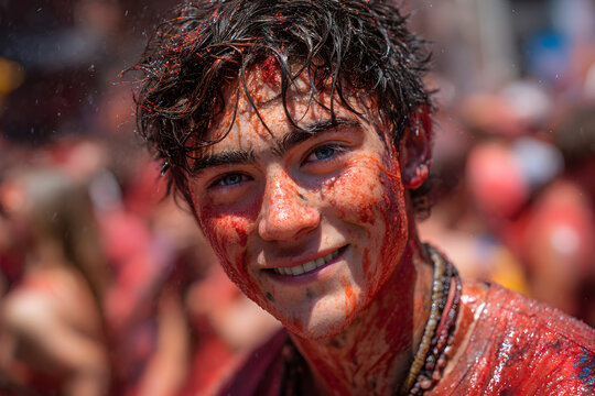 An image of a young man who is smiling while covered in tomato pulp at the annual la tomatina festival in Bunol, Spain