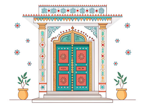 Traditional Gujarati door with decorative frames and bright accents, minimal vector illustration, clean white background