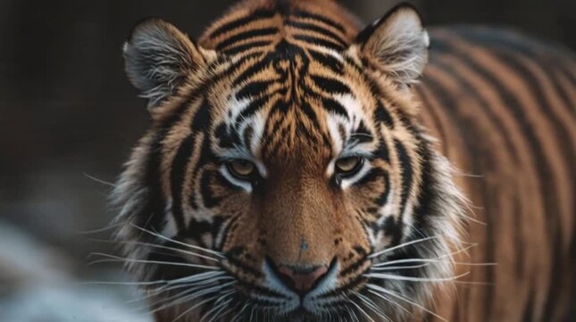 Fierce tiger growling with open mouth showing sharp teeth in high quality cinematic motion video footage