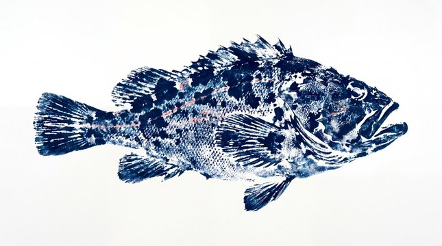Japanese batfish Akagutsu Gyotaku blue ink marine art
