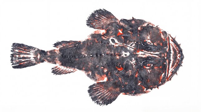 Ankou monkfish Gyotaku dark grey and crimson ink print