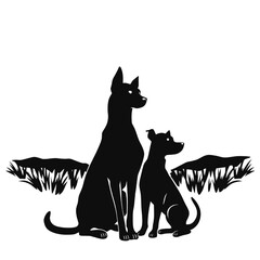 Naklejka premium Minimal black silhouettes of two dogs sitting side by side with subtle grass elements simple pet themed illustration isolated on clean background