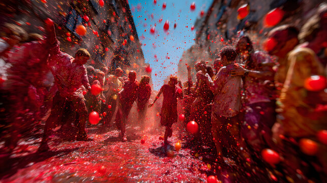The Bu<unk>ol<unk> tomato fight is filled with excitement as people throw tomatoes and celebrate the festival atmosphere