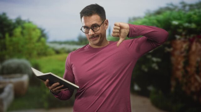 Man with moustache and glasses reading a book while showing a thumbs down gesture in a forest setting with shrubs and a path; disapproval.