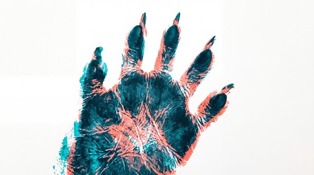 Tanuki raccoon dog paw print Gyotaku turquoise and vermillion