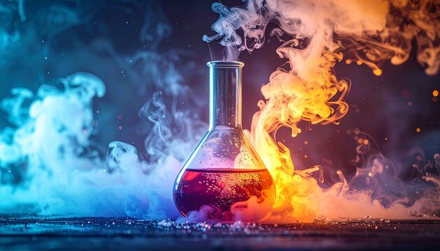 Mysterious Science - Colorful Liquid in Flask with Smoke and Light.