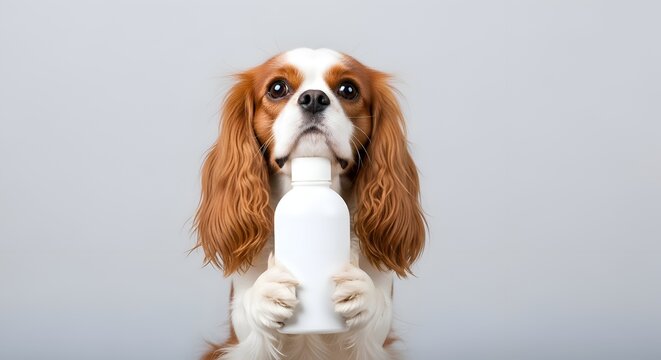 Brown and white cavalier king charles spaniel puppy sitting on white background