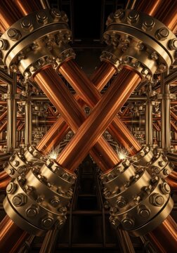 Intersecting metallic industrial pipes form a complex geometric pattern with glowing sparks.