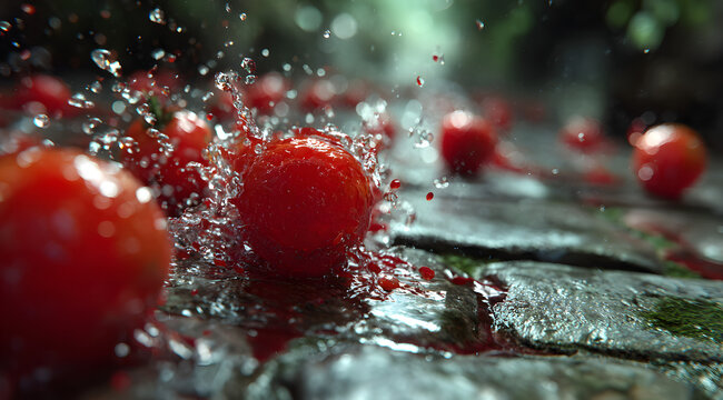 Vibrant juices are contrasted with grey stone for La Tomatina as the smashed overripe red tomatoes splash across wet rustic cobblestones.