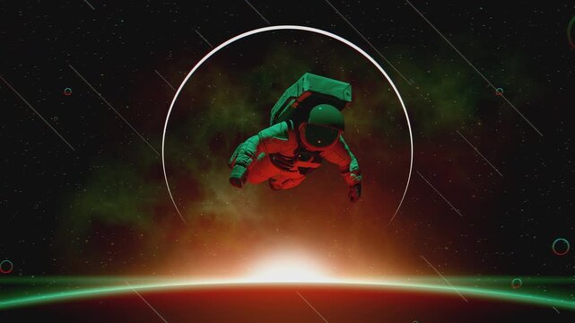 4k seamlessorange and green 3d animation loop of an astronaut floating in zero gravity above a glowing planet's horizon, framed by a luminous circular portal and cosmic light streaks in deep space