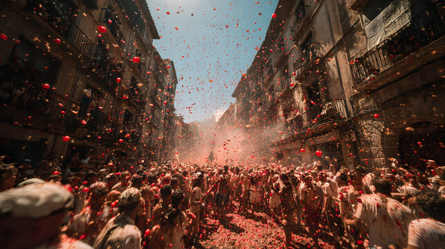 At the La Tomatina Festival in Bunol, Spain, tourists are throwing tomatoes.