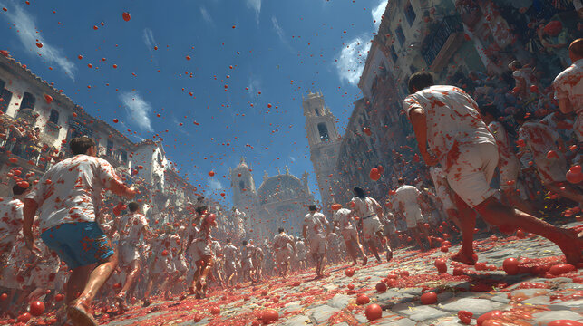 Tourists are hurling tomatoes during the La Tomatina Festival in Bunol, Spain.