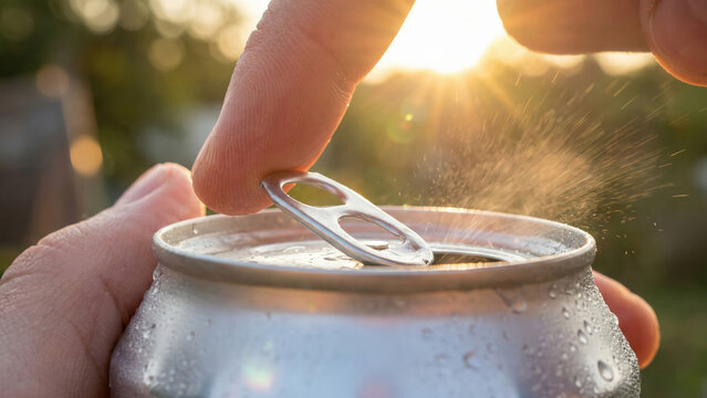Close-up of human hand opening a cold drink can, with a refreshing spray of liquid against the golden sunset.