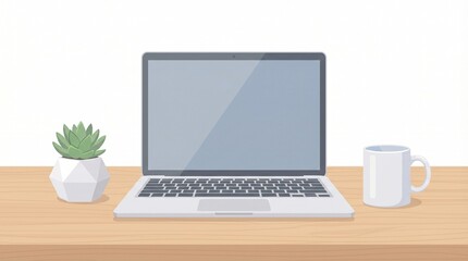 Fototapeta premium Minimalist Flat Vector Illustration of Laptop with Coffee Cup and Succulent Plant on Wooden Desk
