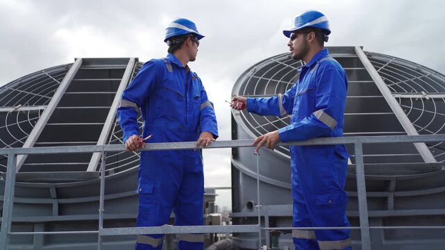 Industrial engineers team inspecting and checking cooling or ventilation tower.