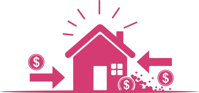 Illustration showing money flow into and out of a house representing financial investment and expenditure