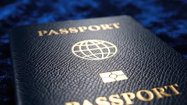 Dark blue passport with gold global emblem on textured surface