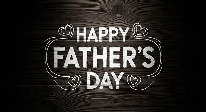 Happy Father's Day text on dark wood background with hearts
