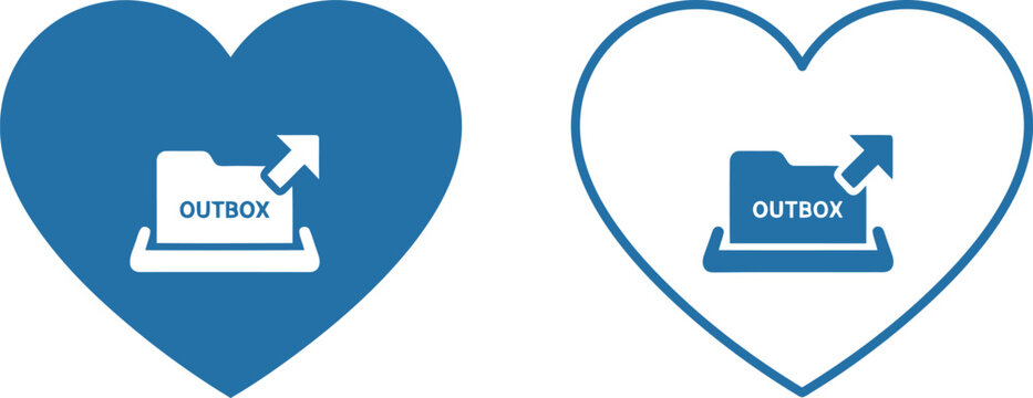 Blue heart icons with outgoing mail folder symbol for email communication and digital messaging