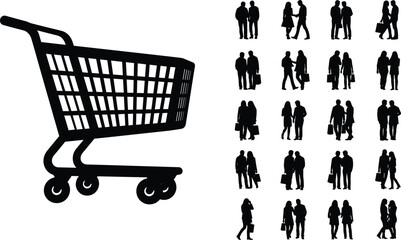 Shopping cart with people silhouettes couples carrying bags retail lifestyle isolated on white background concept © MdAbdullahAl