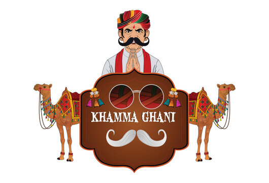 Khamma Ghani Rajasthan Welcome Vector Illustration with Camel and Traditional Rajasthani Man