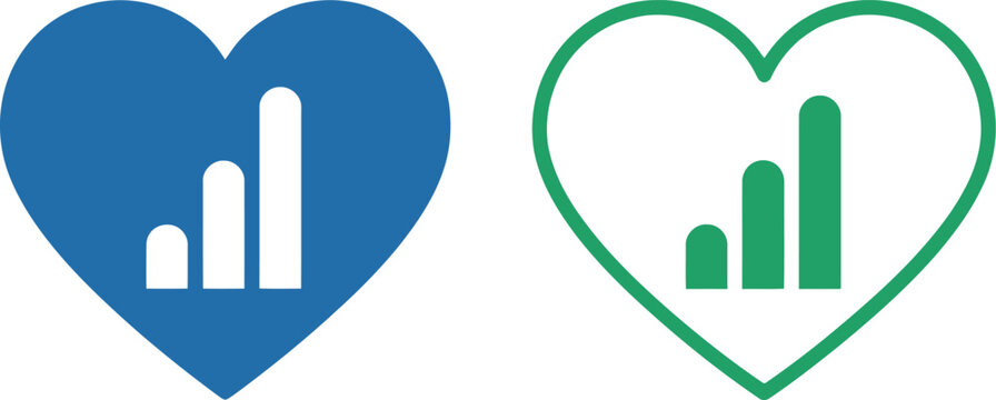 Business growth bar chart icons inside blue and green heart shapes, flat vector illustration for analytics and finance