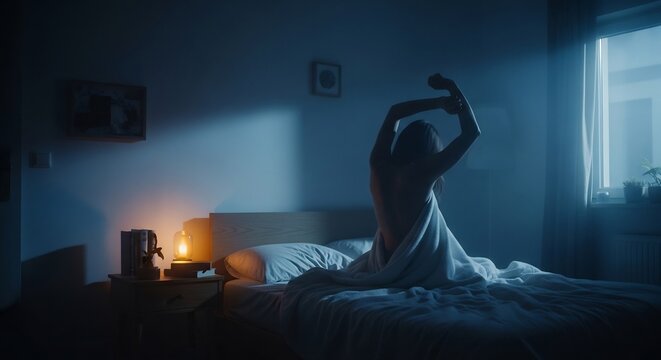 Person waking up in bed at night with dim light.