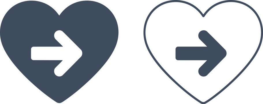 Heart icon with right arrow symbol, flat vector outline and filled style for love and direction concepts