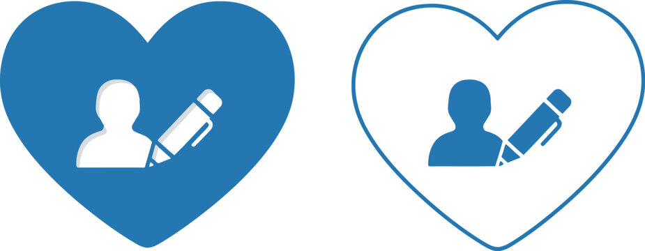 Blue Heart Icon with User Profile and Pencil Symbol for Edit or Personalization Concepts