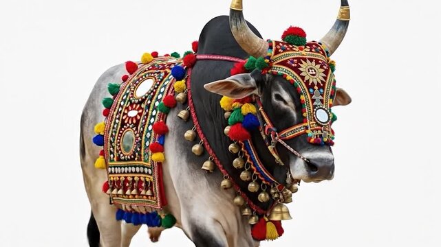 Decorated cow with colorful ornaments.