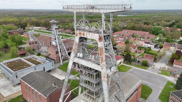Exterior architecture of the former Fosse Arenberg in the town of Wallers, in the Nord-Pas-de-Calais region of France, a coal mine