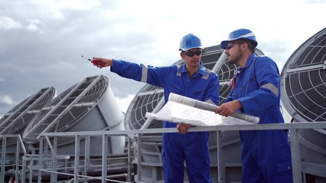 Industrial engineers checking blueprints on building rooftop with cooling tower in background