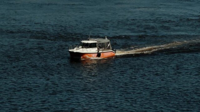 Small Vessel In Motion. Maritime Nautical Adventure. Private Boat Trip On River 