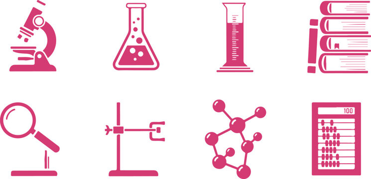 Set of educational and scientific icons featuring microscope lab tools chemistry study materials transparent background