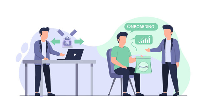 An enthusiastic new employee receives a branded welcome gift bag from a supportive colleague during an efficient digital onboarding process in the office.