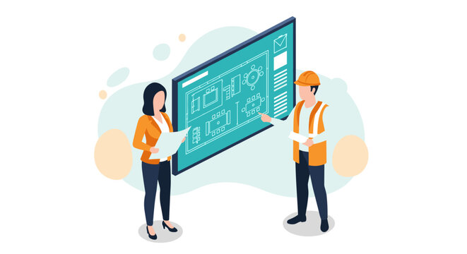 An architect and a construction manager review a detailed digital floor plan on a large interactive screen during a collaborative office design consultation.