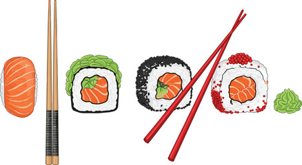 Assortment of salmon sushi rolls and nigiri with chopsticks and wasabi © MdAbuSayed
