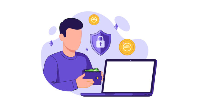 A secure individual manages digital and physical finances using a laptop while protected by a shield and padlock icon symbolizing robust data security.