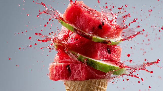 Creative watermelon ice cream cone splash composition with juicy fruit slices and vibrant red juice exploding on a clean gray background.