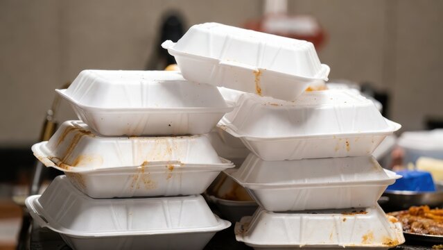 Stacked Disposable Food Containers with Leftover Cuisine on Table